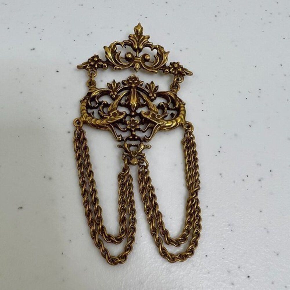 Accessocraft Brooch Gold Tone‎ Draped Chain Filigree Art Nouveau Rare Vintage
